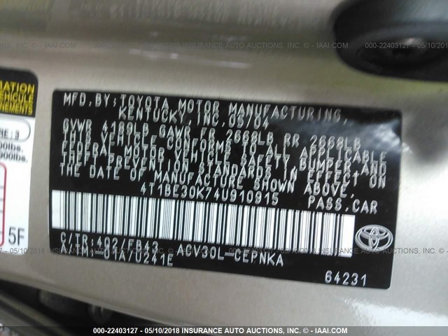 4T1BE30K74U910915 - 2004 TOYOTA CAMRY LE/XLE/SE 棕色 照片 9