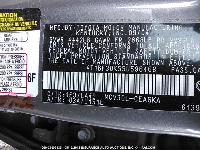 4T1BF30K55U596468 - 2005 TOYOTA CAMRY LE/XLE/SE ნაცრისფერი ფოტო 9