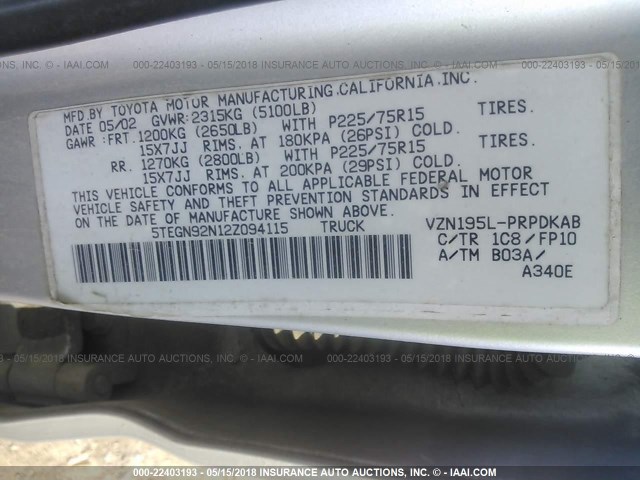 5TEGN92N12Z094115 - 2002 TOYOTA TACOMA DOUBLE CAB PRERUNNER SILVER photo 9