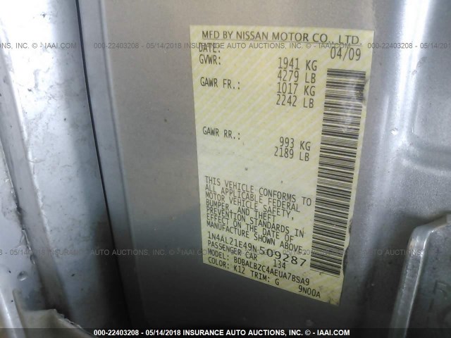 1N4AL21E49N509287 - 2009 NISSAN ALTIMA 2.5/2.5S SILVER photo 9