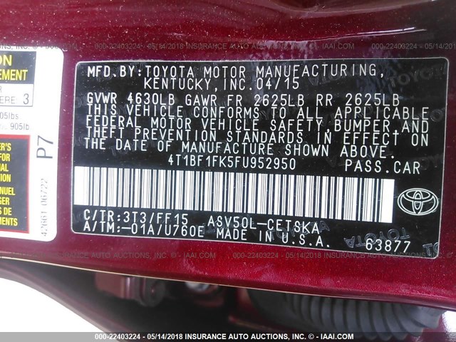 4T1BF1FK5FU952950 - 2015 TOYOTA CAMRY LE/XLE/SE/XSE RED photo 9
