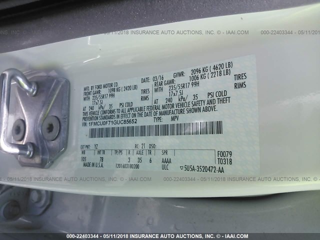 1FMCU0F71GUC85652 - 2016 FORD ESCAPE S WHITE photo 9