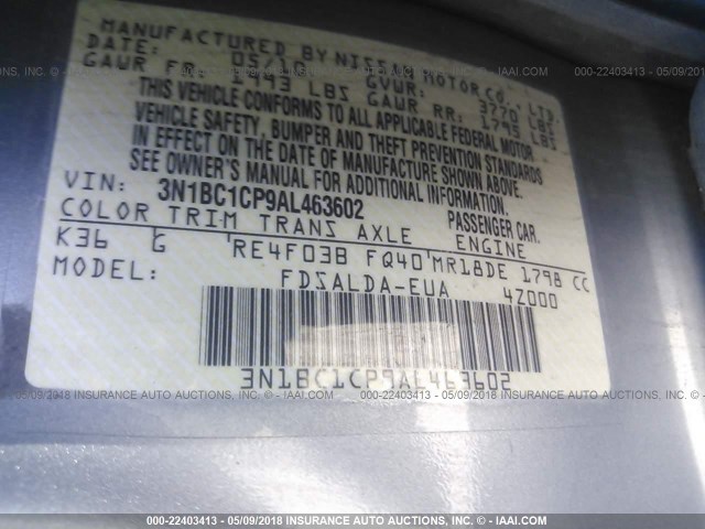 3N1BC1CP9AL463602 - 2010 NISSAN VERSA S/SL GRAY photo 9