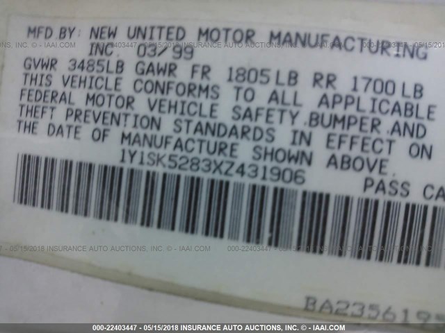 1Y1SK5283XZ431906 - 1999 CHEVROLET GEO PRIZM LSI WHITE photo 9