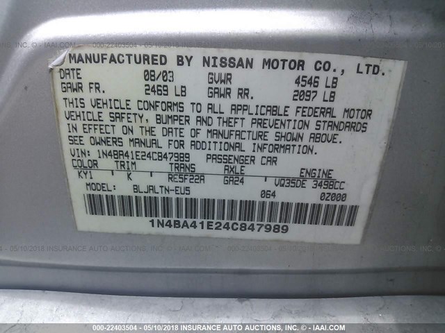 1N4BA41E24C847989 - 2004 NISSAN MAXIMA SE/SL SILVER photo 9