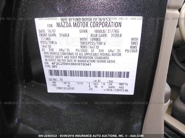 4F2CZ59H38KM19341 - 2008 MAZDA TRIBUTE HYBRID GREEN photo 9