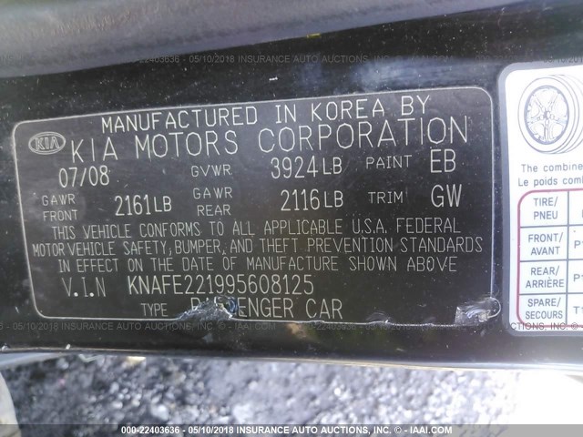 KNAFE221995608125 - 2009 KIA SPECTRA EX/LX/SX GRAY photo 9