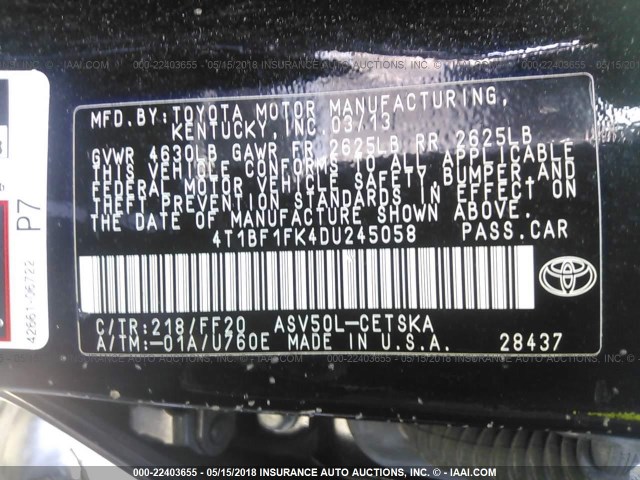 4T1BF1FK4DU245058 - 2013 TOYOTA CAMRY L/SE/LE/XLE BLACK photo 9