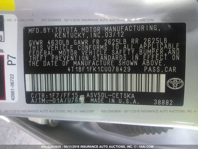 4T1BF1FK1CU078429 - 2012 TOYOTA CAMRY SE/LE/XLE SILVER photo 9