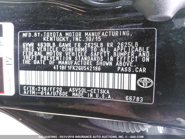 4T1BF1FK2GU542186 - 2016 TOYOTA CAMRY LE/XLE/SE/XSE BLACK photo 9