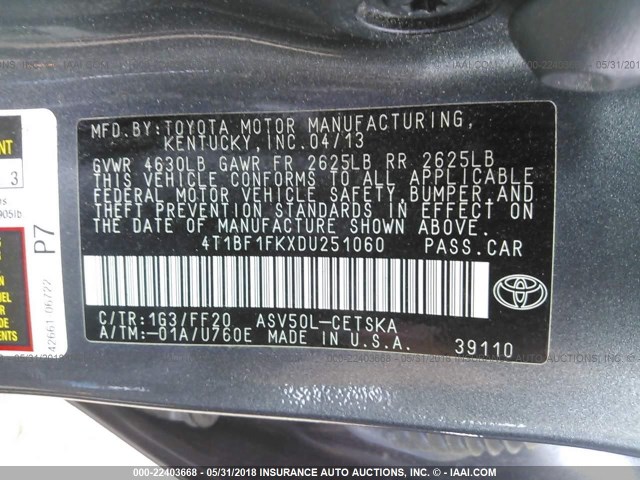 4T1BF1FKXDU251060 - 2013 TOYOTA CAMRY L/SE/LE/XLE GRAY photo 9