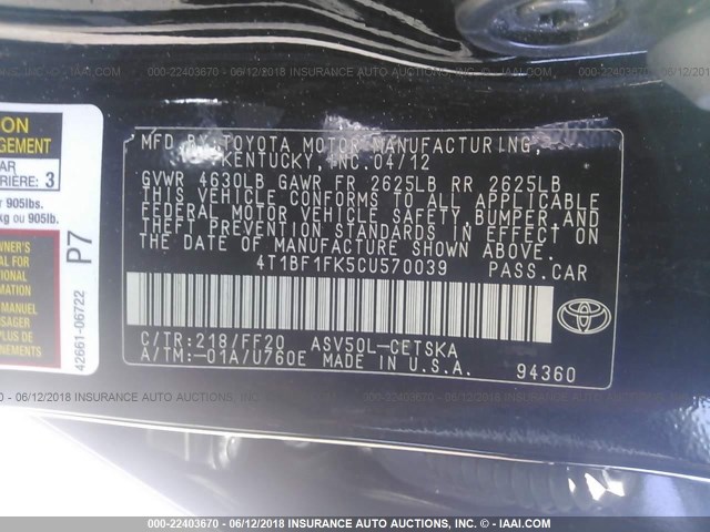 4T1BF1FK5CU570039 - 2012 TOYOTA CAMRY SE/LE/XLE BLACK photo 9