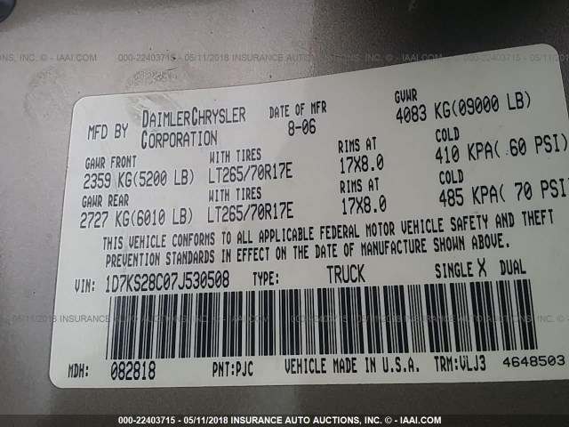 1D7KS28C07J530508 - 2007 DODGE RAM 2500 ST/SLT 金色 照片 9