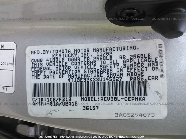 4T1BE32K33U145827 - 2003 TOYOTA CAMRY LE/XLE/SE SILVER photo 9