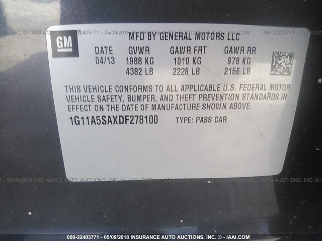 1G11A5SAXDF278100 - 2013 CHEVROLET MALIBU LS ნაცრისფერი ფოტო 9