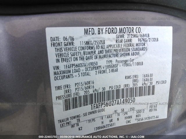 1FAFP56U27A149050 - 2007 FORD TAURUS SEL GRAY photo 9