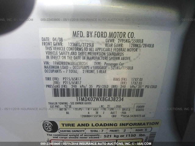 1FMDK02WX8GA38234 - 2008 FORD TAURUS X SEL WHITE photo 9