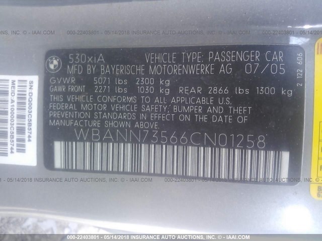 WBANN73566CN01258 - 2006 BMW 530 XIT GRAY photo 9