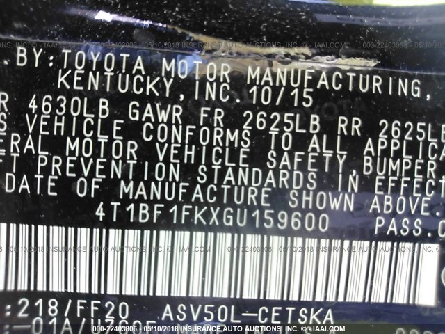 4T1BF1FKXGU159600 - 2016 TOYOTA CAMRY LE/XLE/SE/XSE BLACK photo 9