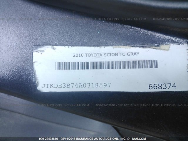 JTKDE3B74A0318597 - 2010 TOYOTA SCION TC 灰色 照片 9