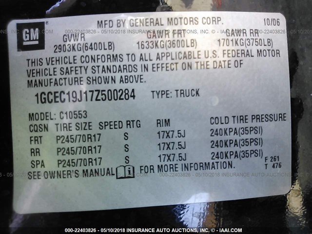 1GCEC19J17Z500284 - 2007 CHEVROLET SILVERADO C1500 BLACK photo 9