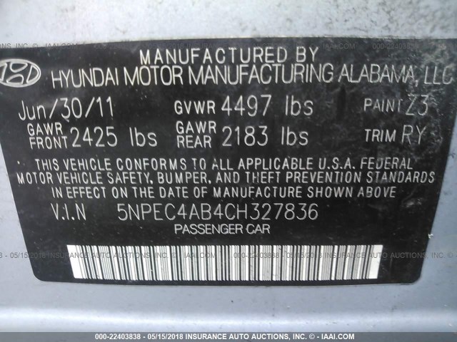 5NPEC4AB4CH327836 - 2012 HYUNDAI SONATA SE/LIMITED BLUE photo 9