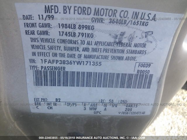 1FAFP3836YW171355 - 2000 FORD FOCUS ZTS GOLD photo 9