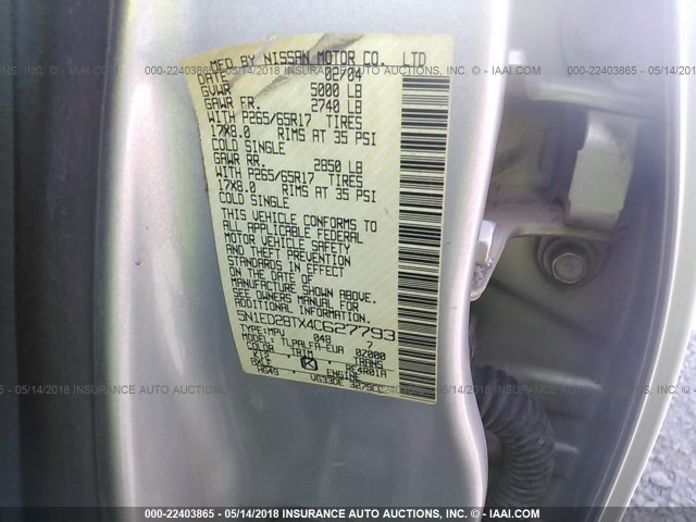 5N1ED28TX4C627793 - 2004 NISSAN XTERRA XE/SE SILVER photo 9