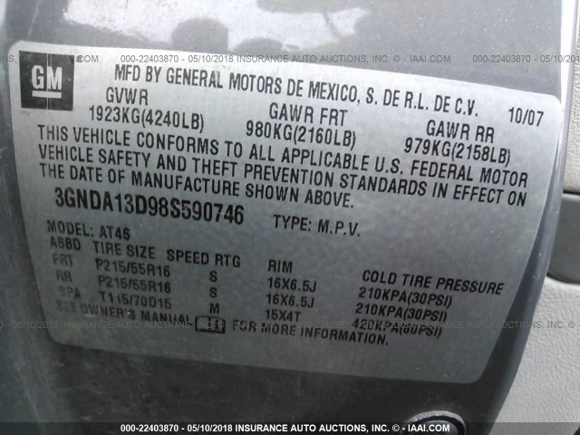 3GNDA13D98S590746 - 2008 CHEVROLET HHR LS GRAY photo 9