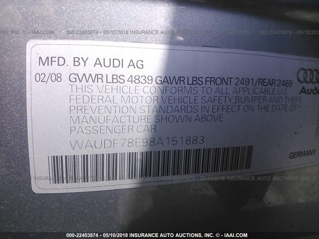 WAUDF78E98A151883 - 2008 AUDI A4 2.0T QUATTRO GRAY photo 9