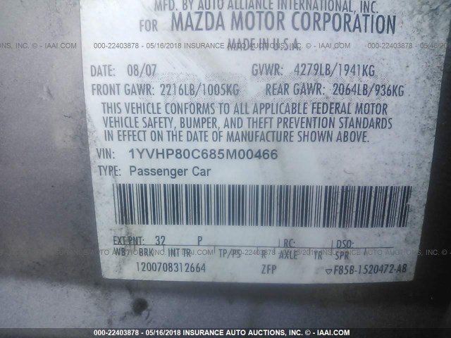 1YVHP80C685M00466 - 2008 MAZDA 6 I Gri fotoğraf 9