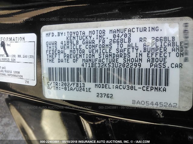 4T1BE32K53U202299 - 2003 TOYOTA CAMRY LE/XLE/SE შავი ფოტო 9