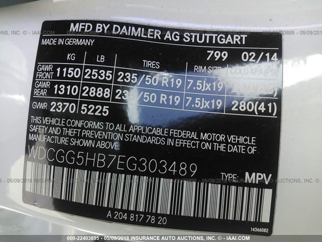 WDCGG5HB7EG303489 - 2014 MERCEDES-BENZ GLK 350 WHITE photo 9