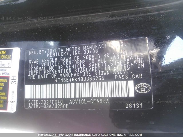 4T1BE46K19U365265 - 2009 TOYOTA CAMRY SE/LE/XLE BLACK photo 9