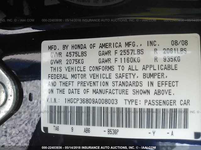 1HGCP36809A008003 - 2009 HONDA ACCORD EXL BLUE photo 9