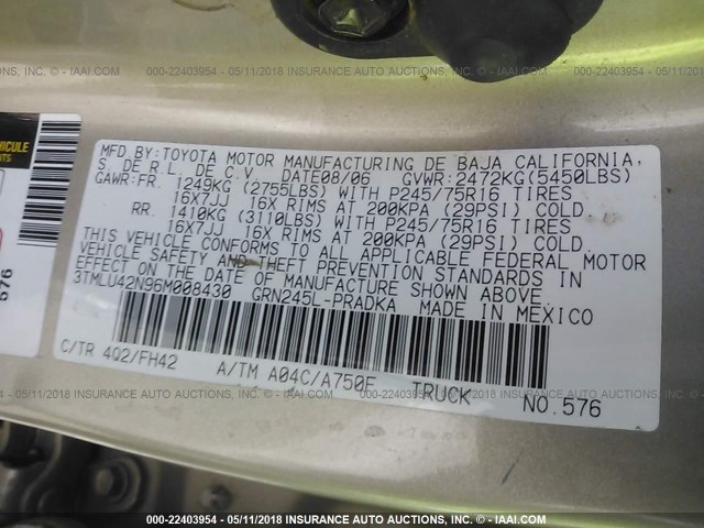 3TMLU42N96M008430 - 2006 TOYOTA TACOMA DOUBLE CAB თაფლისფერი ფოტო 9