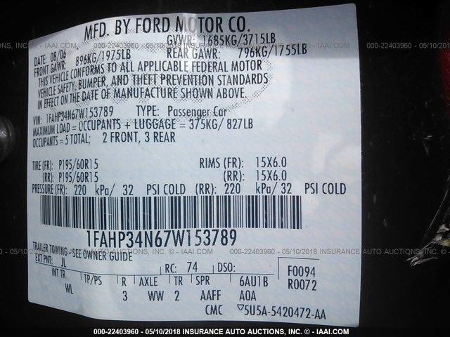 1FAHP34N67W153789 - 2007 FORD FOCUS ZX4/S/SE/SES 红色 照片 9