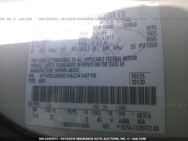 1FMEU65EX6ZA14716 - 2006 FORD EXPLORER LIMITED 白色 照片 9