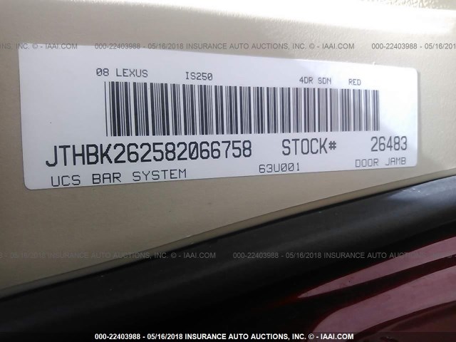 JTHBK262582066758 - 2008 LEXUS IS 250 RED photo 9