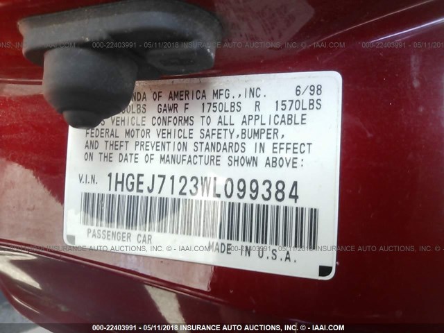 1HGEJ7123WL099384 - 1998 HONDA CIVIC HX RED photo 9