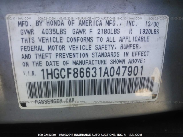 1HGCF86631A047901 - 2001 HONDA ACCORD VALUE SILVER photo 9