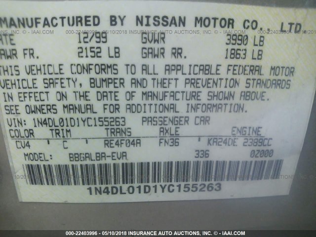 1N4DL01D1YC155263 - 2000 NISSAN ALTIMA XE/GXE/SE/GLE GOLD photo 9