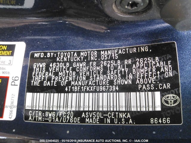 4T1BF1FKXFU967394 - 2015 TOYOTA CAMRY LE/XLE/SE/XSE Dark Blue photo 9