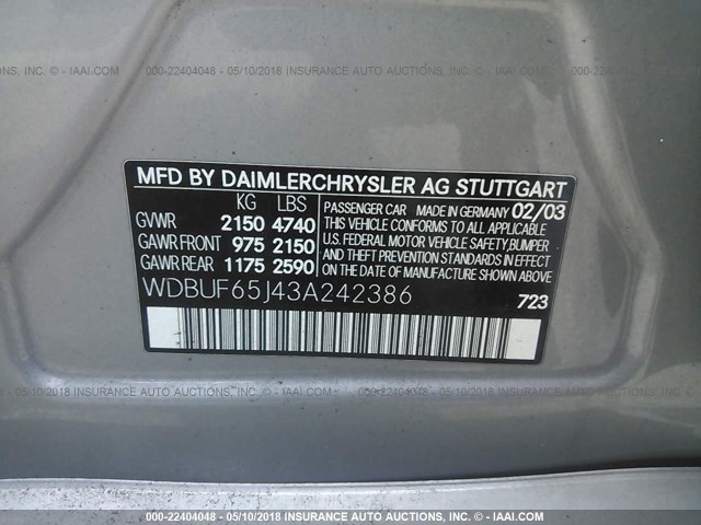 WDBUF65J43A242386 - 2003 MERCEDES-BENZ E 320 GRAY photo 9