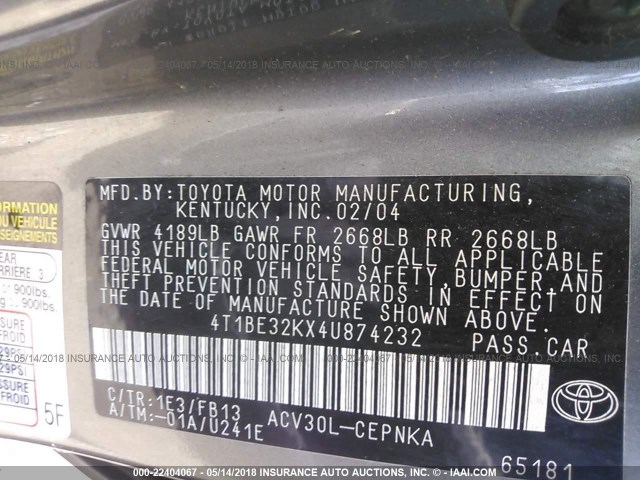 4T1BE32KX4U874232 - 2004 TOYOTA CAMRY LE/XLE/SE 灰色 照片 9