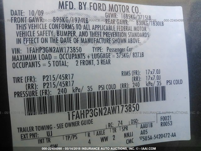 1FAHP3GN2AW173850 - 2010 FORD FOCUS SES 灰色 照片 9