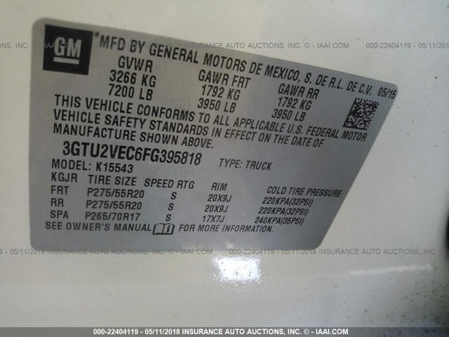 3GTU2VEC6FG395818 - 2015 GMC SIERRA K1500 SLT WHITE photo 9