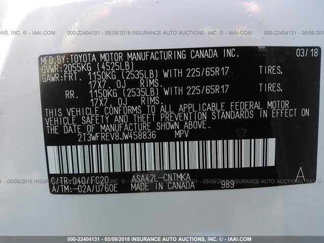 2T3WFREV8JW458836 - 2018 TOYOTA RAV4 ADVENTURE/XLE Ağ foto 9