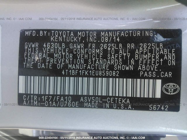 4T1BF1FK1EU859082 - 2014 TOYOTA CAMRY L/SE/LE/XLE SILVER photo 9