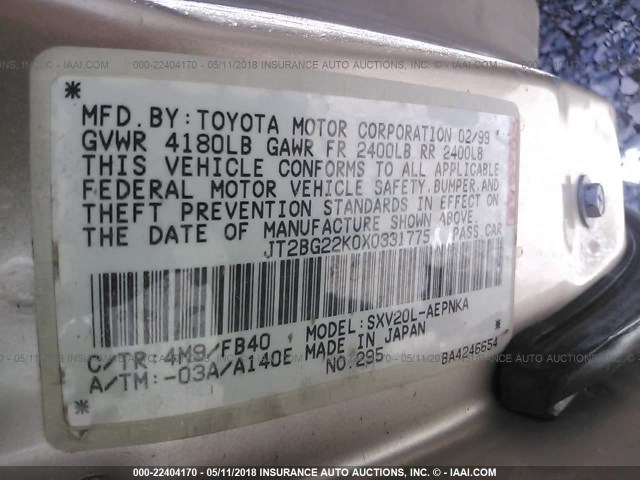 JT2BG22K0X0331775 - 1999 TOYOTA CAMRY LE/XLE GOLD photo 9
